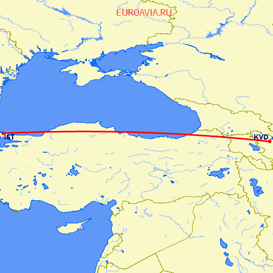 перелет Гянджа — Стамбул на карте