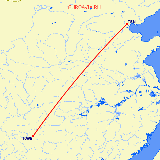 перелет Гуйянг — Тяньцзинь на карте