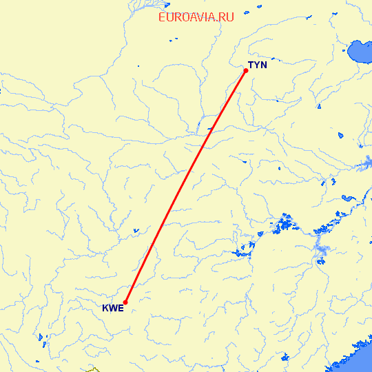 перелет Гуйянг — Тайюань на карте