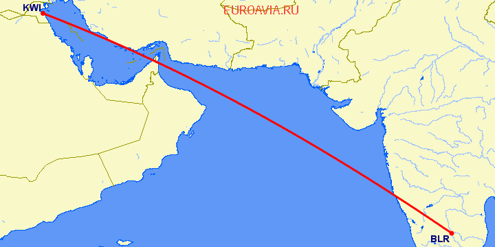 перелет Кувейт — Бангалор на карте