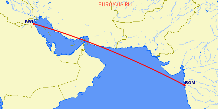 перелет Кувейт — Бомбей на карте