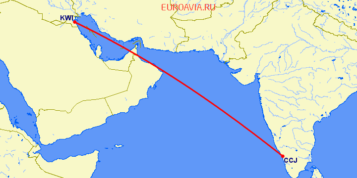 перелет Кувейт — Kozhikode на карте