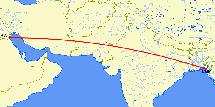 перелет Кувейт — Chittagong на карте