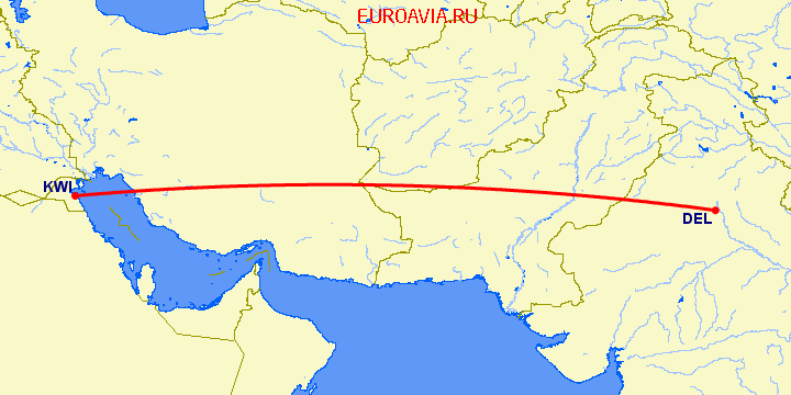 перелет Кувейт — Нью Дели на карте
