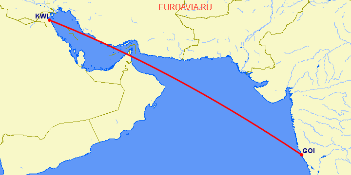 перелет Кувейт — Гоа на карте