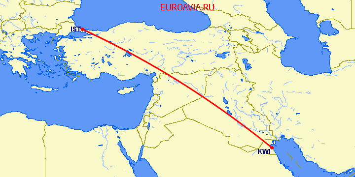 перелет Кувейт — Стамбул на карте