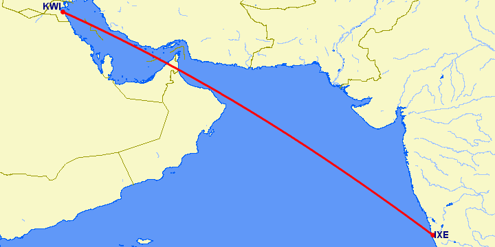 перелет Кувейт — Мангалор на карте