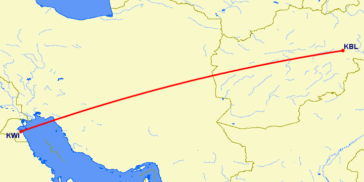 перелет Кувейт — Кабул на карте
