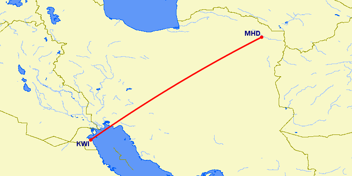 перелет Кувейт — Машад на карте