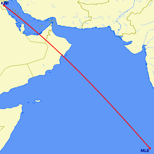 перелет Кувейт — Мале на карте