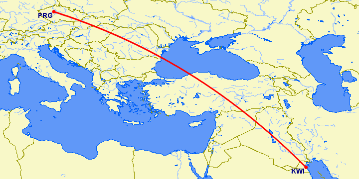 перелет Кувейт — Прага на карте