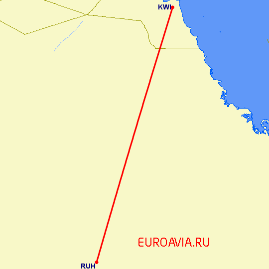 перелет Кувейт — Эр Рияд на карте