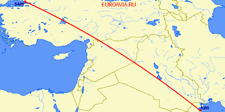 перелет Кувейт — Стамбул на карте