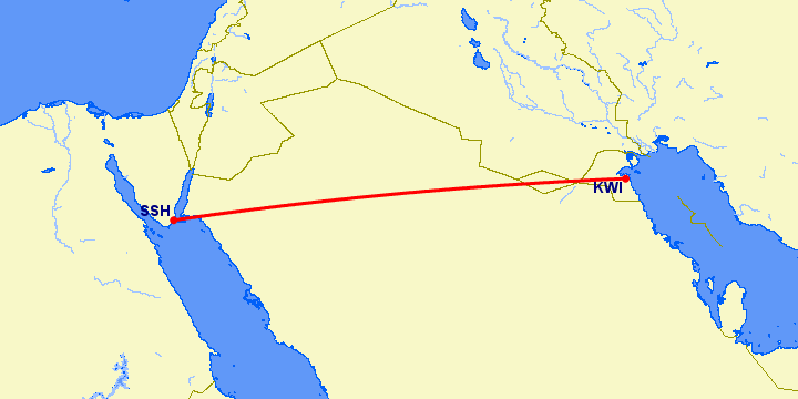 перелет Кувейт — Шарм эль Шейх на карте