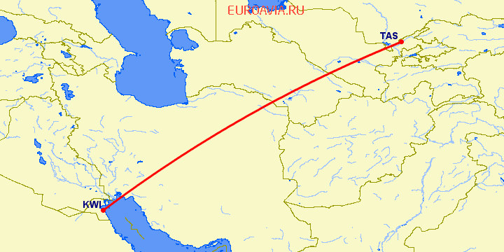перелет Кувейт — Ташкент на карте