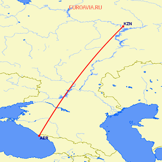 перелет Казань — Сочи на карте