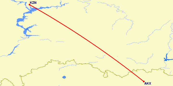 перелет Казань — Актюбинск на карте