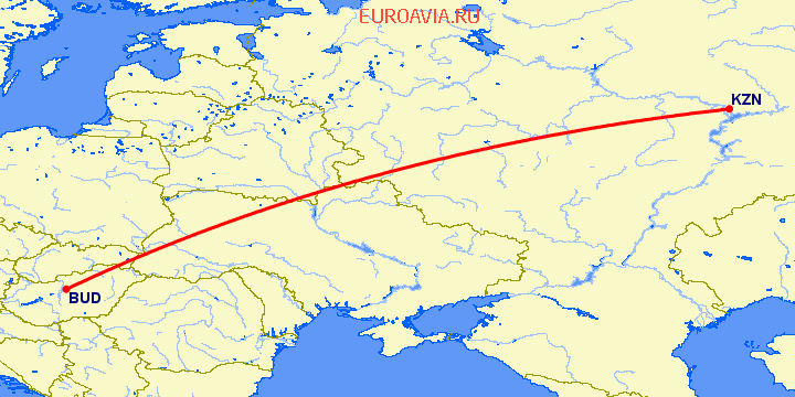 перелет Казань — Будапешт на карте