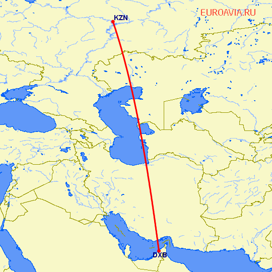 перелет Казань — Дубай на карте