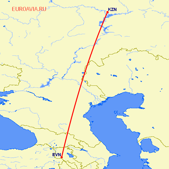 перелет Казань — Ереван на карте