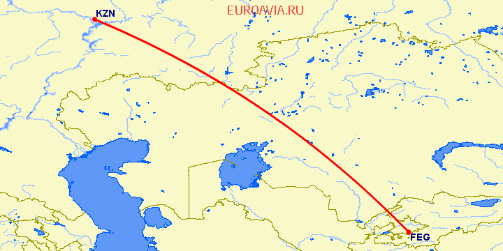 перелет Казань — Фергана на карте
