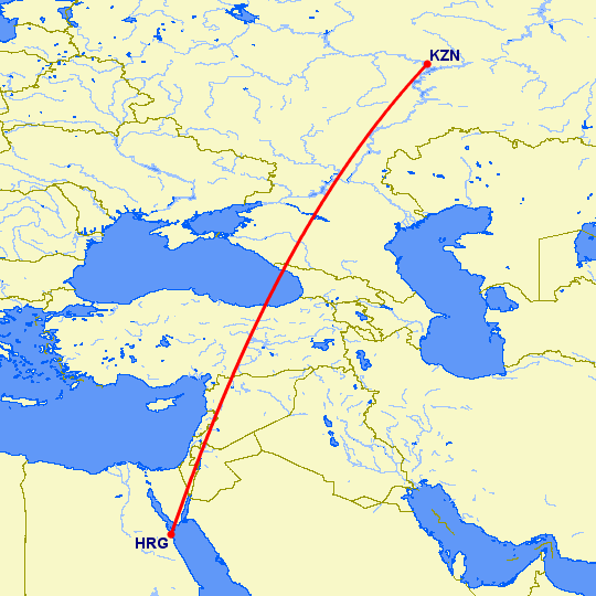перелет Казань — Хургада на карте
