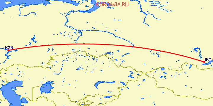 перелет Казань — Иркутск на карте