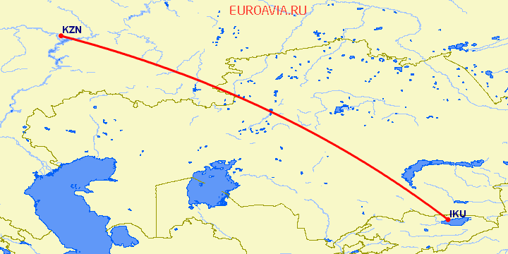 перелет Казань — Иссык Куль на карте