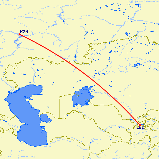 перелет Казань — Худжанд на карте