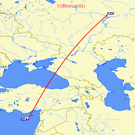 перелет Казань — Ларнака на карте