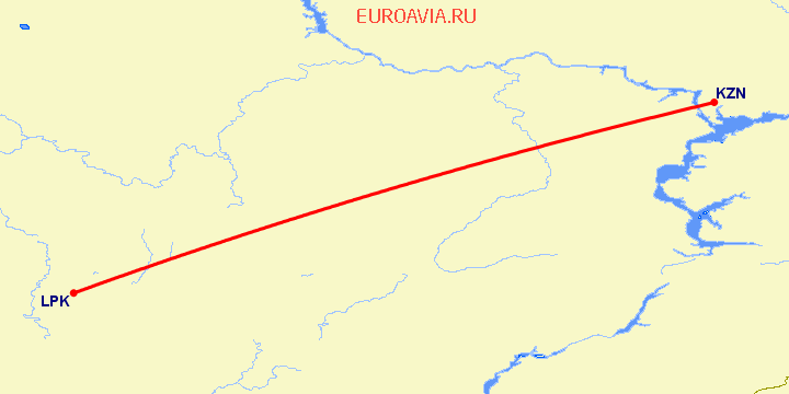 перелет Казань — Липецк на карте