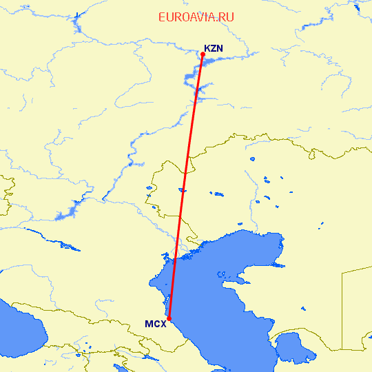 перелет Казань — Махачкала на карте