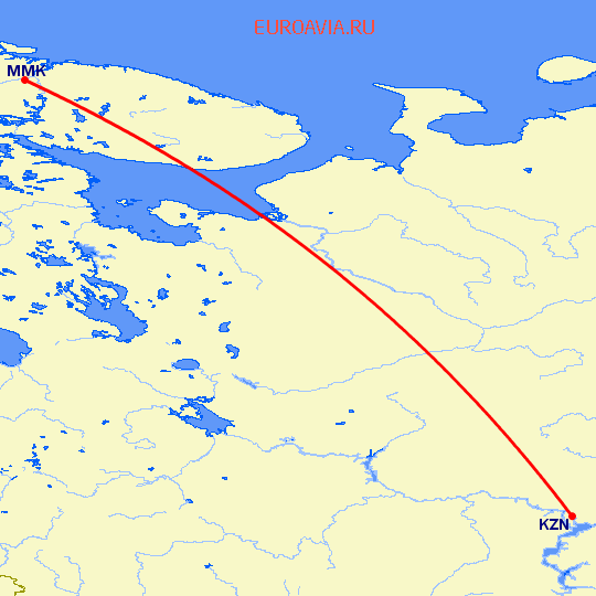 перелет Казань — Мурманск на карте