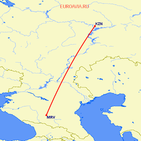перелет Казань — Минеральные Воды на карте