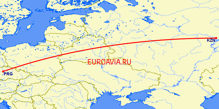 перелет Казань — Прага на карте