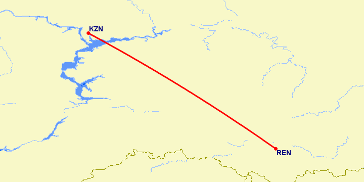 перелет Казань — Оренбург на карте