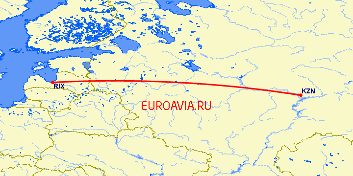 перелет Казань — Рига на карте