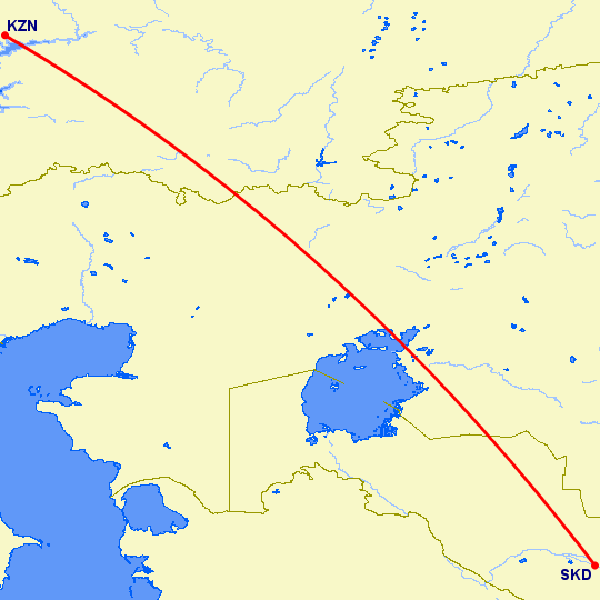 перелет Казань — Самарканд на карте