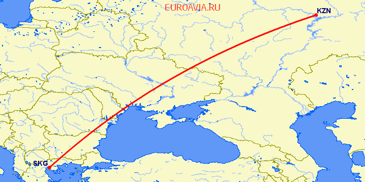 перелет Казань — Салоники на карте