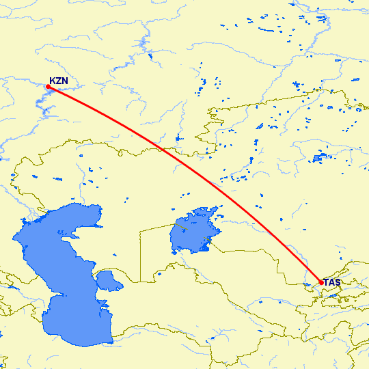 перелет Казань — Ташкент на карте