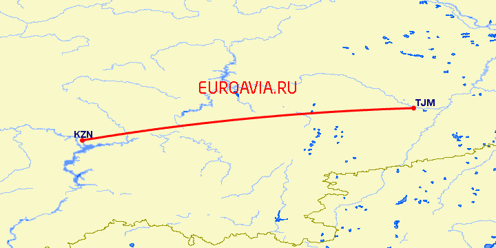 перелет Казань — Тюмень на карте