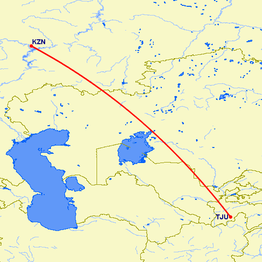 перелет Казань — Куляб на карте