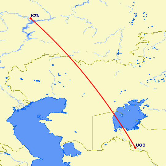 перелет Казань — Ургенч на карте