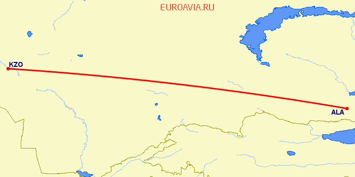 перелет Кзыл Орда — Алматы на карте