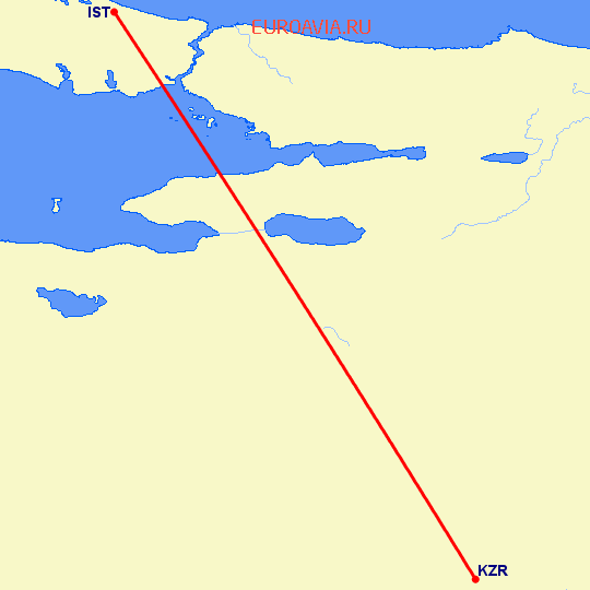 перелет Кютахья — Стамбул на карте