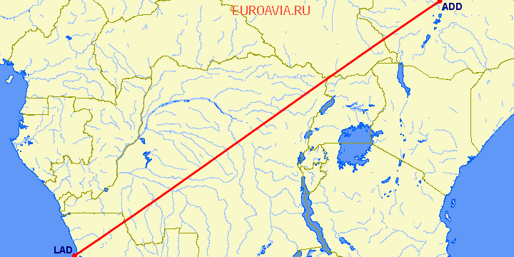 перелет Луанда — Аддис Абеба на карте
