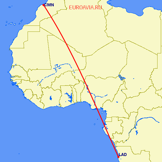 перелет Луанда — Касабланка на карте