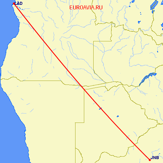 перелет Луанда — Йоханнесбург на карте