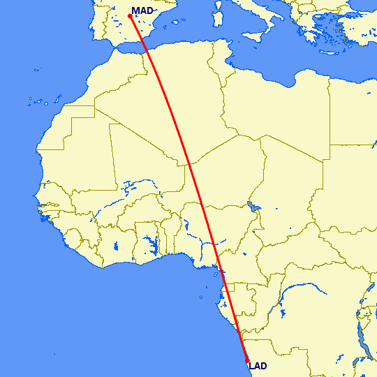 перелет Луанда — Мадрид на карте