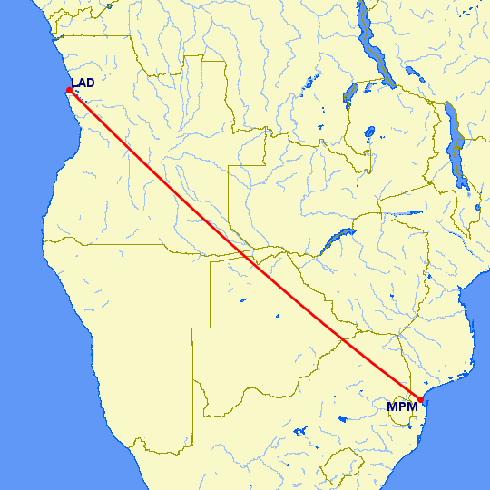 перелет Луанда — Мапуту на карте